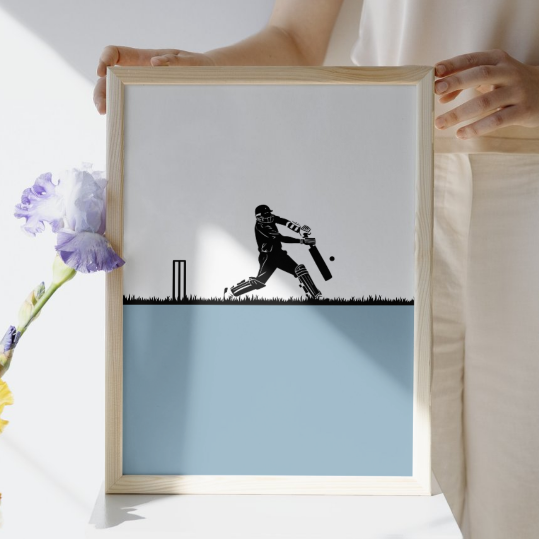 Cricket Wall Art Print Minimalist Batsman Silhouette Blue Poster
