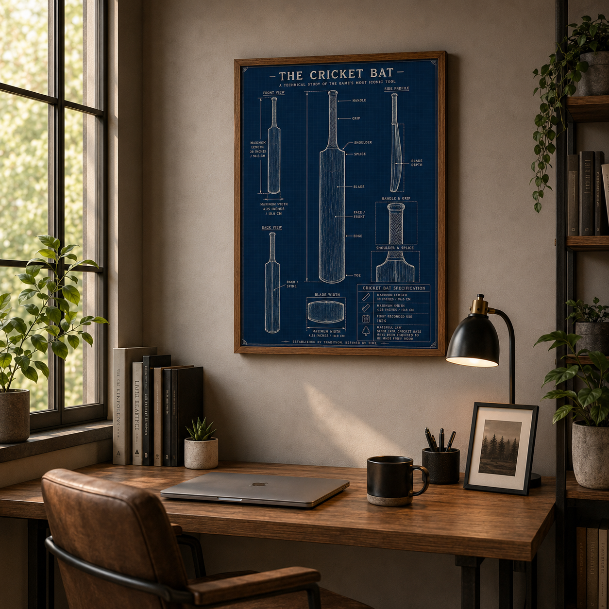 Cricket Bat Blueprint Print, Vintage Cricket Wall Art Poster