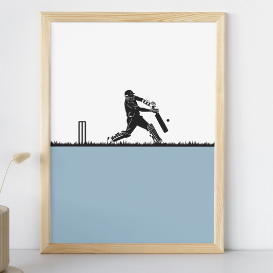 Cricket Wall Art Print Minimalist Batsman Silhouette Blue Poster