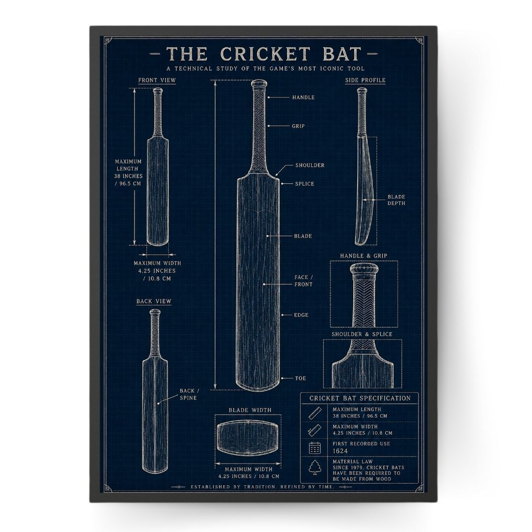 Cricket Bat Blueprint Print, Vintage Cricket Wall Art Poster