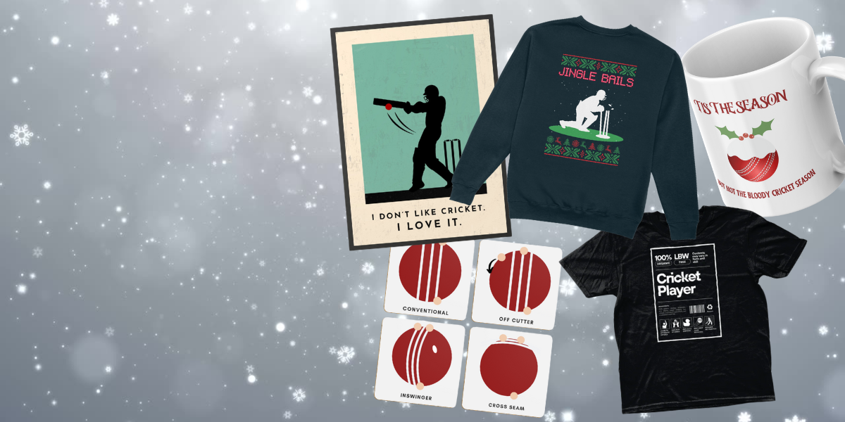 Collection of cricket-themed merchandise including t-shirts, sweatshirts, and posters on a snowy background.